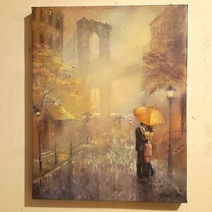 Painting by Unknown Artist, "Couple Kissing in the Rain by the Brooklyn Bridge"